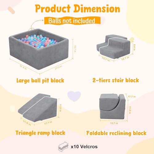 Image of Baby Climbing Blocks with Ball Pit, 6-Piece Foam Climb & Crawl Play Set for Toddlers 1-3, Modular Soft Play Equipment with Washable Cover, Indoor Activity Toys, Gray (Balls Not Included)