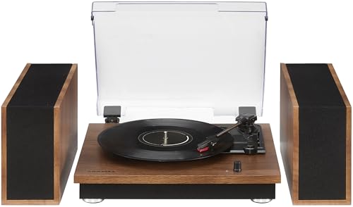 Crosley CR7502A-WA Riff 3-Speed Bluetooth Vinyl Record Player Turntable with Matching Stereo Speakers and 6 Modular Layouts, Walnut