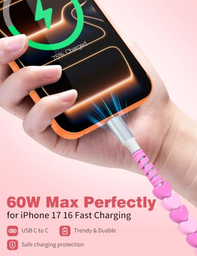 Image of USB C to USB C Cable 6FT,60W Fast Charging Beaded Charger Cord for iPhone 17 16 Pro Max 15 /iPad Pro 11th Air for Samsung S26 S25 S24 S23 A16 A17 /Android Phone Charger Cord Cute Girls Women,Pink-Hearts