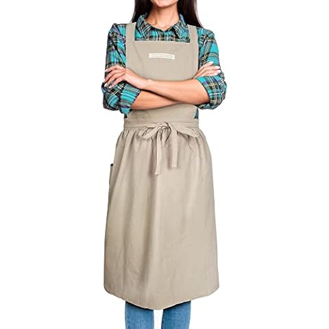 SPDYCESS Apron Cotton Linen Solid Color Japanese Style Pinafore with Pockets Cross Back Straps Casual Bib Soft Aprons Men Women Round Skirt Dress for Cooking Gardening Coffee Shop Cover