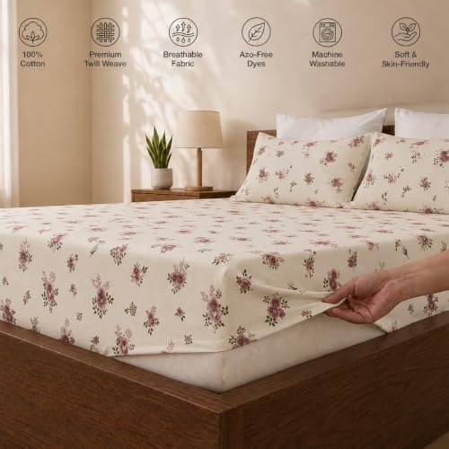 Image of HOMEMONDE King Size Elastic Bedsheet, 100% Pure Cotton Fitted Bedsheet with Two Pillow Covers |186 TC |Premium Gift Box Included (78 x 72 Inches Up to 8-Inch Mattress, Blush Garden)