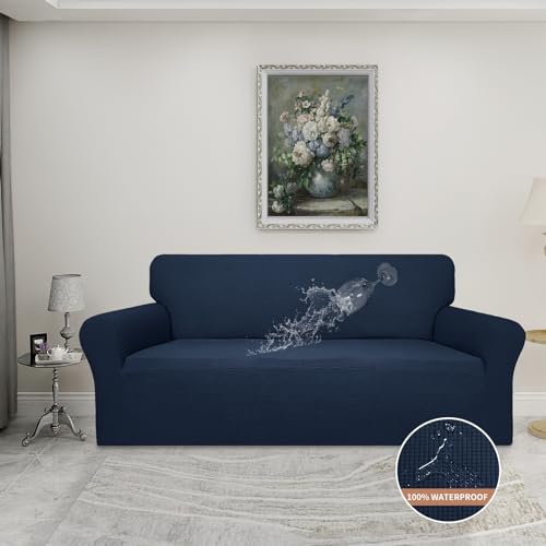 Image of Easy-Going 100% Waterproof Couch Cover, 3 Cushion Oversized Sofa Cover | Leakproof Sofa Slipcover, Stretch Jacquard Furniture Protector Against Stain Spill from Kids, Pets, Dog, Dark Blue
