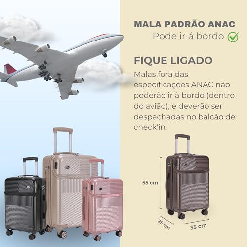 GMTA Mala de Viagem de Bordo 10Kg Rígida Padrão ANAC com 4 Rodas duplas 360° Cadeado Anti Furto Comp