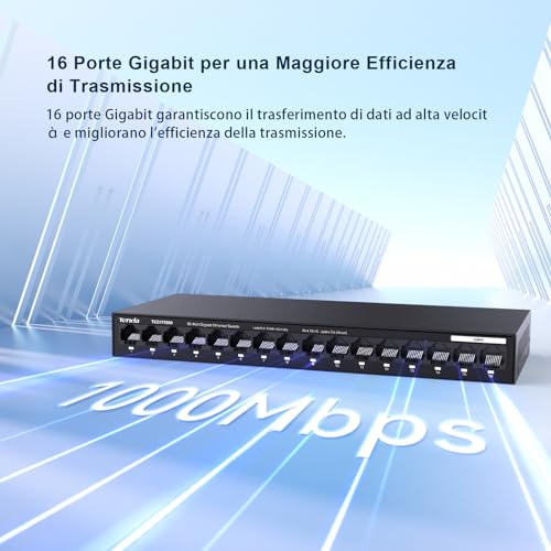 Tenda Switch Ethernet 16 Porte Gigabit, Switch Gigabit 10/100/1000 Mbps, Switch Rete Montaggio Desktop o a Parete, Unmanaged, Plug & Play, VLAN a Una Chiave, Struttura in Acciaio(TEG1116M) - Immagine 1
