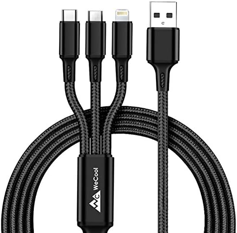 Wecool Nylon Braided 3 in 1 charging cable | Fast charging USB Cable with 3 Ports -Type C, Lightning, Micro USB Port| Multi pin charging cable - Compatible with iPhone,iPad & Smart Phones-1.2 Mtr