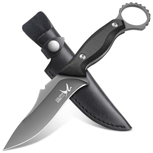 Golden Bird Fixed Blade Knife - Full Tang Outdoor Knives for Camping Hunting Bushcraft with Leather Sheath, 4.7