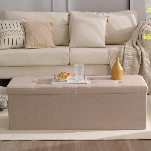 Image of Storage Ottoman Bench Foldable Footrest Foot Stool, 45 inch Fabric Beige | Small Ottoman Foot Rest Seat Shoe Bench Flip-Top forliving Room End of Bed Bedroom Couch Dorm 166L Folding Upholstered Chair