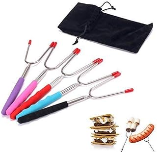 Set of 5 Premium Marshmallow Roasting Sticks,Safe for Kids Extra Long 34’’ Telescoping Extendable Hot Dog Smores Forks - Fire Pit, Camping, Campfire, Bonfire Outdoor Cookware Kit-Handy Bag