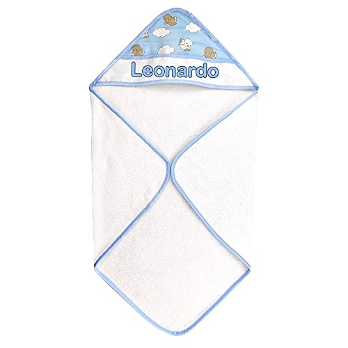 almatex Albornoz de bebé personalizado con nombre triángulo con capucha, 60 x 60 cm, personalizado, fabricado en Italia, PULCINO AZUL, 0 Meses