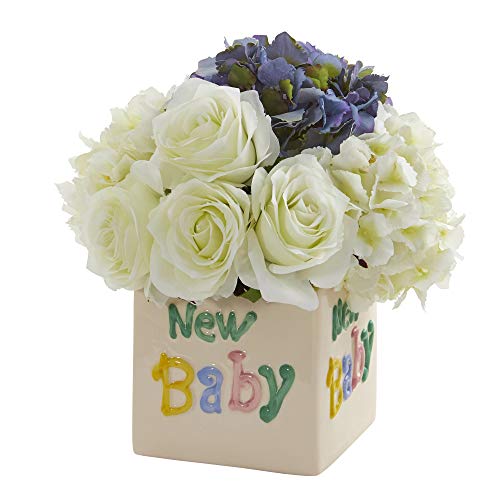 Nearly Natural Mini 11in. Rose and Hydrangea Artificial New Baby Vase Silk Arrangements, White/Blue