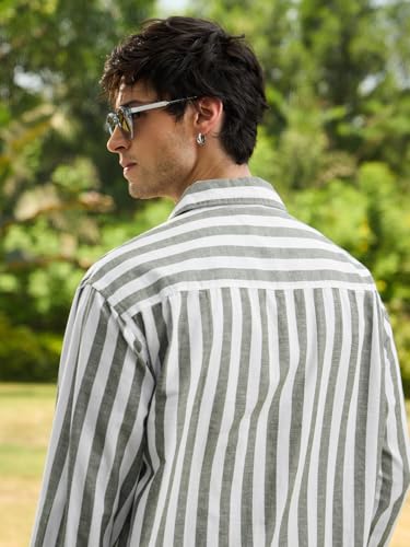 Image of The Souled Store Cotton Linen Stripes: Ashen Men and Boys Long Sleeve Spread Collar Button Front Green Striped Regular Fit Easy to Dress Officewear Casual Cotton Linen Shirts