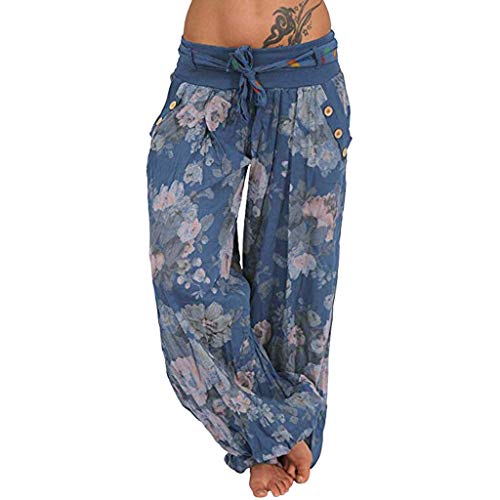 LAOSU Pantalones impresos para mujer banda mujer ancho pierna bolsillo suelto pantalones señoras pantalones casual pantalones lluvia caza, azul marino, M Cover