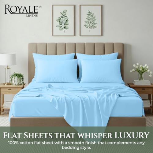 Image of Royale Linens 100% Organic Cotton Full Size Flat Sheet Only - Percale Top Sheets - Full Flat Sheet Sold Separately - Lightweight & Soft 100% Cotton Lake Blue Bed Sheets Only (81 inch x 96 inch, Lake Blue)