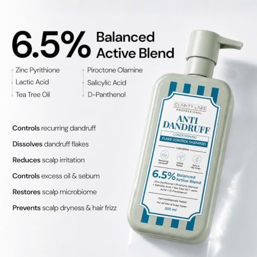 Image of Anti Dandruff Shampoo with 6.5% Balanced Active Blend | 2% Zinc Pyrithione, Piroctone Olamine, Tea Tree Oil, Salicylic Acid, Argan Oil & Neem | Dandruff Control, Itchy Scalp & Flake Removal Shampoo for Men, Women, Boys, Girls & Teens | Sulphate Free | 200ml | Clarity Labs