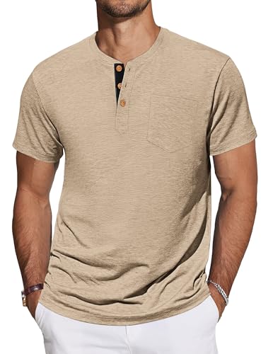TARAINYA Henley T-Shirts Herren Baumwolle Shirt Kurzarm Einfarbig Basic Tee Männer Sommer mit Tasche Khaki M