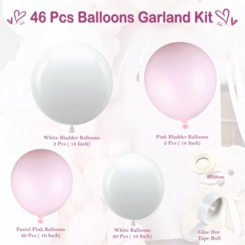 Image of Happy Birthday Balloons Decoration Kit - 46 Pieces Pink and White Balloons | Happy Birthday Party Arch Garland Decoration Set with Gold Palm Leaves Decor Item Perfect for Parties