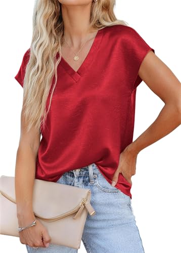 RUMIA Satin Blouses for Women Dressy Casual V Neck Cap Sleeve Shirts 2026 Summer Business Work Blouse Outfits Trendy Red — view 2