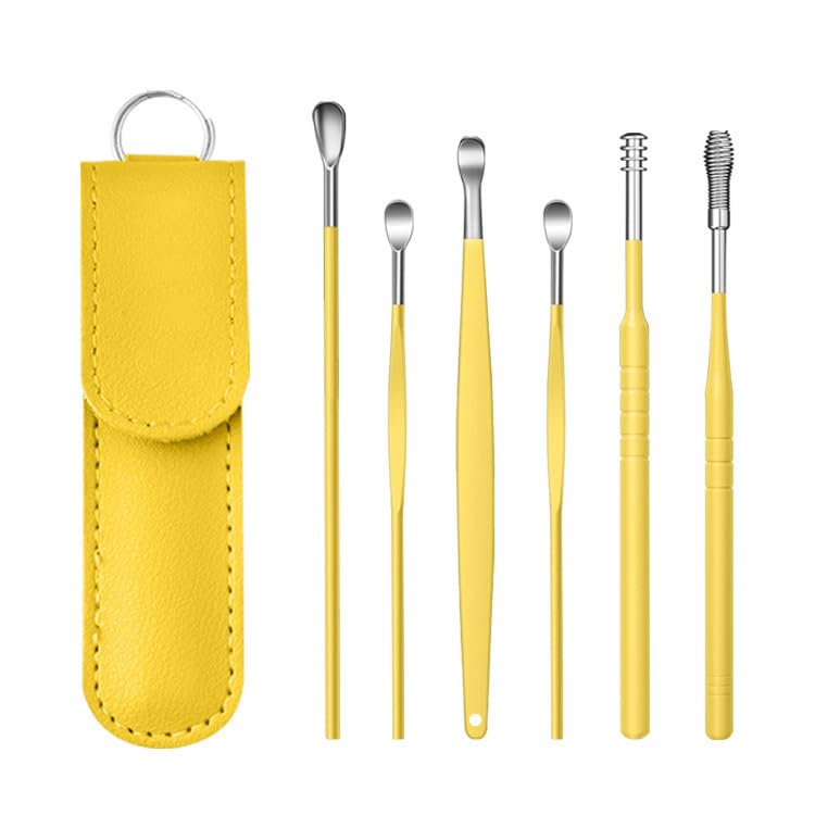 GRACIOUS MART 6pcs Ear Cleaning Tool Kit Stainless Steel Curette Cleaner Health Ear Care Stick Portable PU Leather Pouch With Key Ring (YELLOW)