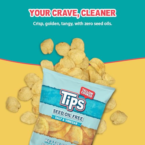 Image of TIPS Potato Chips - Snack Pack - Tallow Cooked - Seed Oil Free & Gluten Free - Kettle Style Potato Chips Made with Potatoes, Beef Tallow, and Sea Salt (5oz 4 Pack, Salt & Vinegar)