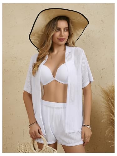 Milumia Women's 2 Piece Cover Ups Set Short Sleeve Open Front Hollow Out Swimsuit Coverup with Shorts4