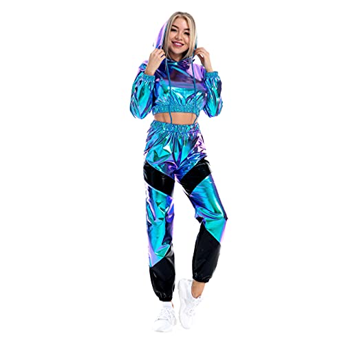 IMEKIS Damen Glänzende Metallic Trainingsanzug Jogginganzug Sportanzug...