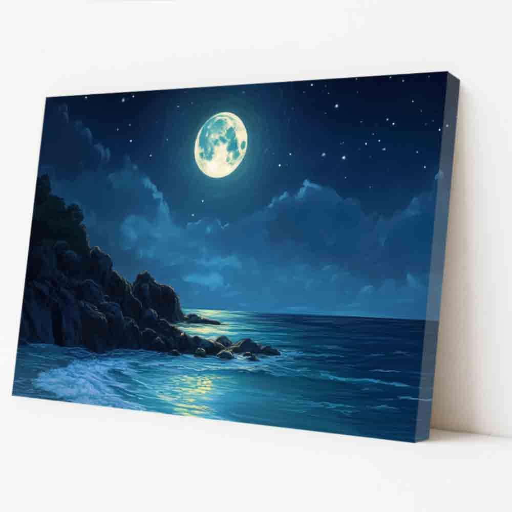 ZQQART Moon Canvas Wall Art Blue Moonlight Ocean Beach Seascape Painting Beach Landscape Pictures Coastal Bedroom Decor for Bedroom Living Room (blue,20W x 30L)