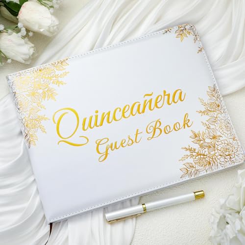 Image of MotiMind Quinceanera Guest Book with Pen 11 x 8 Inch Libro De Firmas Para 15 Anos Quinceanera Leather Hardcover Signature Book Guest Sign in for 15th Party Favors Decoration (White Gold,Floral)