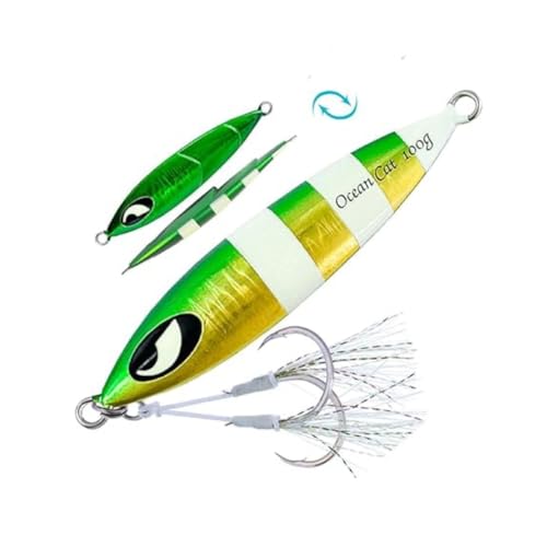 Slow Pitch Jig Flat Fall Jigs Saltwater Fishing Jig Vertical Baits with Glow Jig Hooks (#002：Green & Gold, 150g)