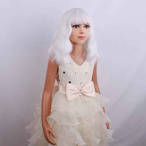 Image of PATTNIUM Kids White Wig Short Curly Wavy White Girls Wig with Bangs Bob Synthetic Hair Wigs