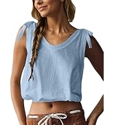 AIHUKOCY Women V Neck Bow Knot Tie Shouler Sleeveless Solid Loose Bubble Crop Tank Top