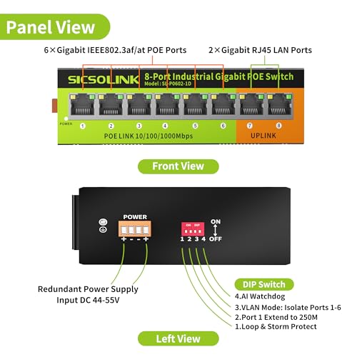 Image of Industrial 8-Port Gigabit PoE+ Switch | 6x30W PoE Ports, 2 Uplinks, 35mm DIN-Rail Mount, IP40, Dual Power Input