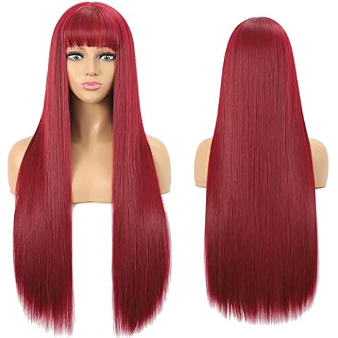 Sylhair Red Wig Long Wig with Fringe 75 cm Straight Long Red Wig with Fringes Synthetic Hair Wigs for Women 30 Inch Burgundy Wig with Bangs Synthetic Hair Long Straight Red Wigs for Women Cover