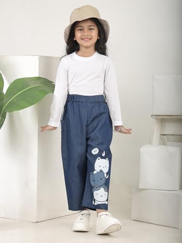 Image of superminis Girls Denim Jeans | Stretchable Blue Cat Print Jeans for Girls 3-10 Years | Soft Comfortable Kids Denim Pants for Casual