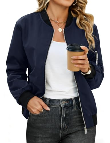 CMTOP Bomberjacke Damen Kurze Leichte Übergangsjacke Casual Zip Up Frühlingsjacke Winddichter Outdoor Pilotenjacke mit Taschen Langarm Solid Sommer Fliegerjacke(Marineblau, M)