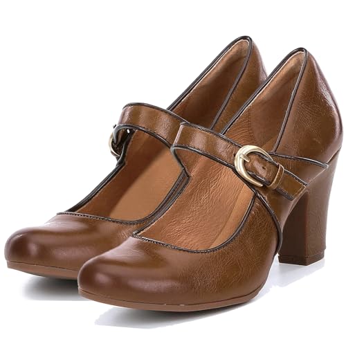 Image of SHODENSE Women Vintage Chunky High Heel Mary Jane Shoes Round Closed Toe Ankle Strap Dress Sandals 3 inch Block Heels Mary Jane Lolita Pumps Two-Toned Patchwork Buckle Office Lady Wedding Retro 4-11 M US