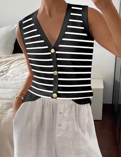 Image of Zeagoo Womens Sweater Vest Summer Ribbed Tank Tops Sleeveless Cardigan Button Down Shirts V Neck Top for Women Black Stripe XX-Large