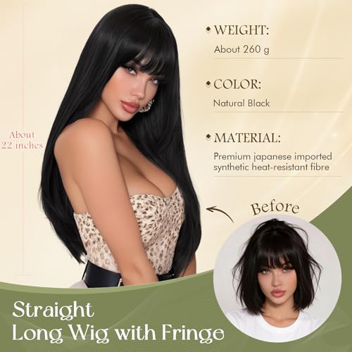 Sofeiyan Natürliches Schwarz Lange Glatte Perücken mit Pony,60 cm Geschichtet Elegante Perücke,Natürliches Synthetische Perücke Damen,für Täglichen Party Cosplay und Feiertage
