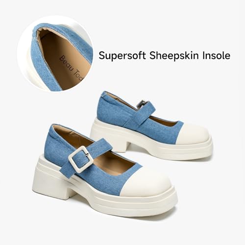 BEAU TODAY Women's Beige Mary Jane Pumps, Size 12, Casual Dress Shoes for Women, Spring/Autumn/Fall, Platform Heel, Leather Sole4