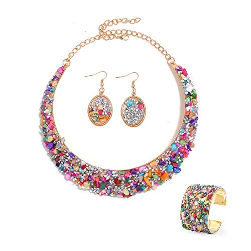 Rhinestone Collar Gold Alloy Metal Necklace For Women Stone Necklaces Bangle Earring Jewelry Accessories 3pcs Sets (3pcs colorful sets)