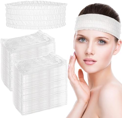 Yesland 200-Piece Disposable Spa Headbands, Soft Non-Woven Facial Hair Bands, Stretch Headwraps for Skin Care, Esthetician Salon, Makeup, Sauna - Individually Packaged for Women & Girls, White