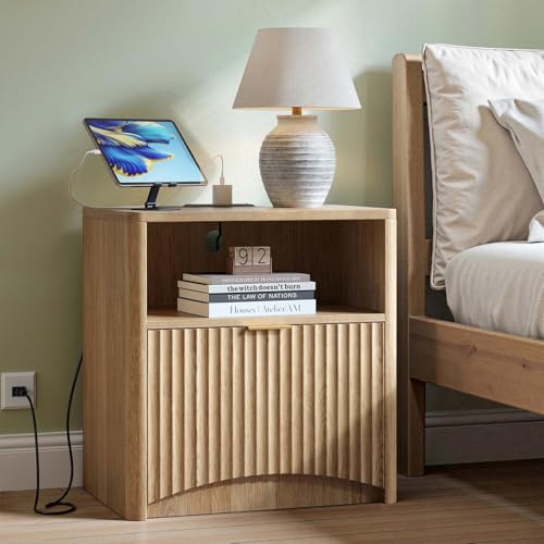 Image of Evermagin Fluted Nightstand with Charging Station, Natural Oak Bedside Table with Drawer and Storage, Wood End Table Mid Century Modern, Large Night Stand for Bedroom