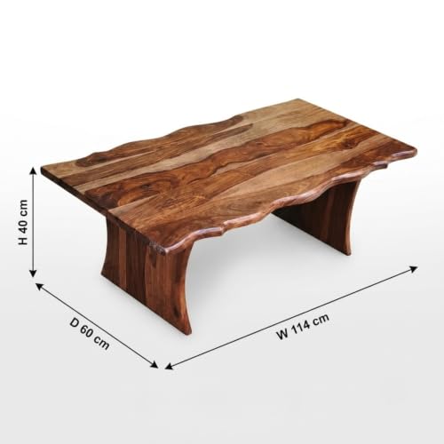Image of Live Edge Sheesham Wood Coffee Table for Living Room | Solid Wood Center Tea Table with Artistic Curved Design | Modern Wooden Cocktail Unit for Home Office Lounge | Brown Finish