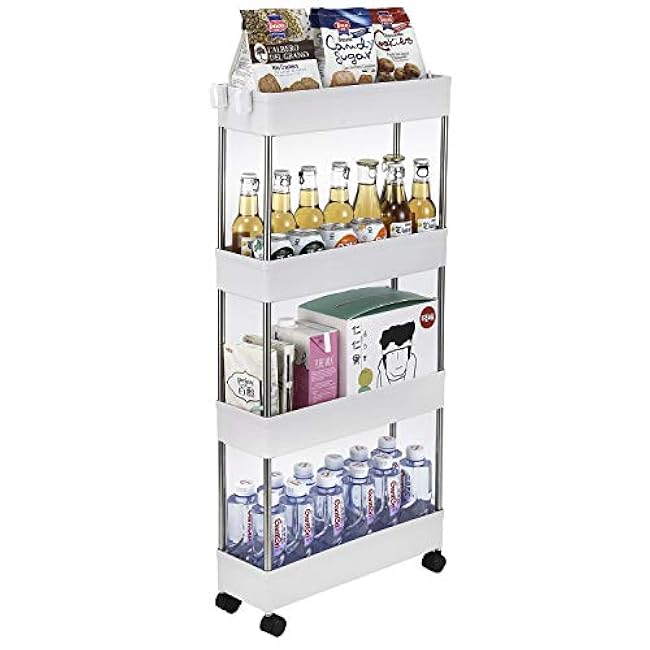Rolling Storage Cart, 4 Tier Slim Mobile Shelving Unit for Storage,Rotating Wheel Lockable Utility Cart,Great for Office, Kitchen, Bathroom, Laundry or Narrow Spaces, White-VTGpO5rW