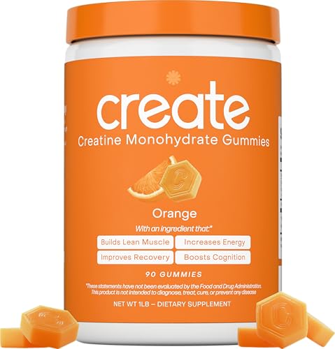 Create Creatine Monohydrate Gummies for Men & Women, Boost Focus, Strength, and Endurance, Anti-Melting Formula, Vegan, Gluten-Free, Non-GMO, 1.5g of Creatine per Gummy (Orange, 90 ct)