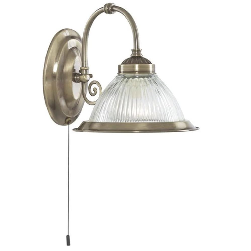 Britalia Antique Brass Traditional Switched Wall Light with Clear Ribbed Glass - 21cm Diameter - 1 x E27 ES Large Edison Screw Light Bulb Required (Not Included)