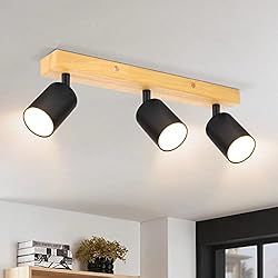 Lampara Techo Focos Amazon Ketom GU10 Lámpara de Techo con 3 Focos, Madera Focos de Techo Orientables, Negro Apliques Techo Interior, Barras de focos, Modernas Focos para el Techo para Salon, Dormitorio, Cocina, Comedor
