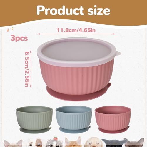 3 Stück Silikon Katzennäpfe mit Deckel, rutschfeste Saugnapf Futternäpfe Set, für Kätzchen und Kleine Hunde, Mikrowellen Spülmaschinenfest, Gestreiftes Design Haustiernäpfe