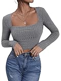 SheIn Damen Strick Crop T-Shirt Bauchfrei Oberteile Quadratischem Kragen Langarmshirt Cropped Tops Pullover Langarm Shirts Grau XS