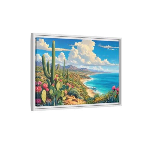 Toile de cactus premium avec cadre blanc 3 cm pour une décoration murale raffinée