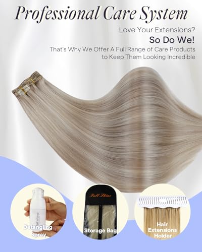 Image of Full Shine Thick Clip in Hair Extensions Real Human Hair, 22 Inch 220g 7Pcs | Clip in Extensions for Women, Ash Blonde Highlighted Blonde Seamless Invisible Fit Extra Thick, Full Head Coverage